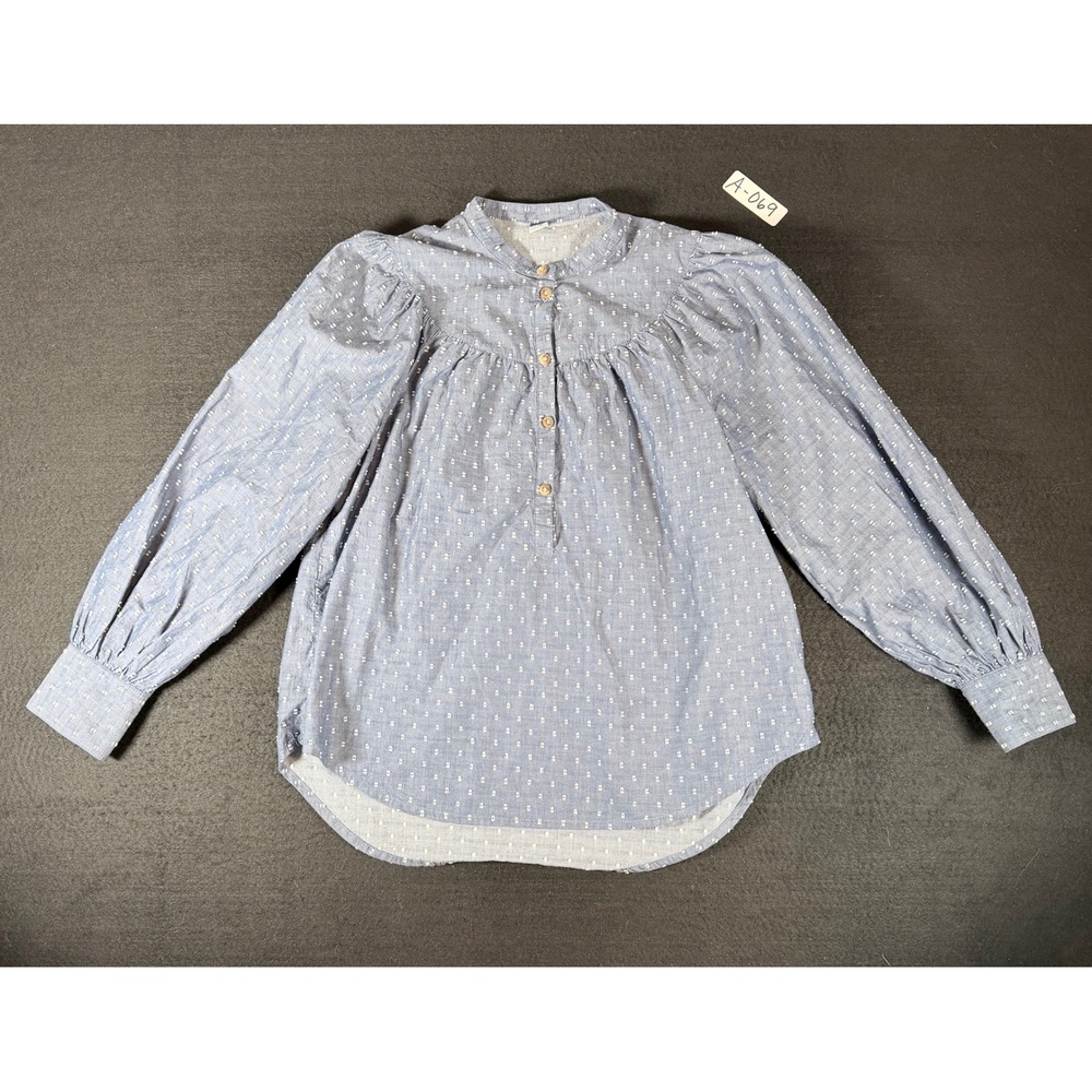 Old Navy Womens Blue White Clip Dot Band Collar Blouse Long Sleeve Cotton Small